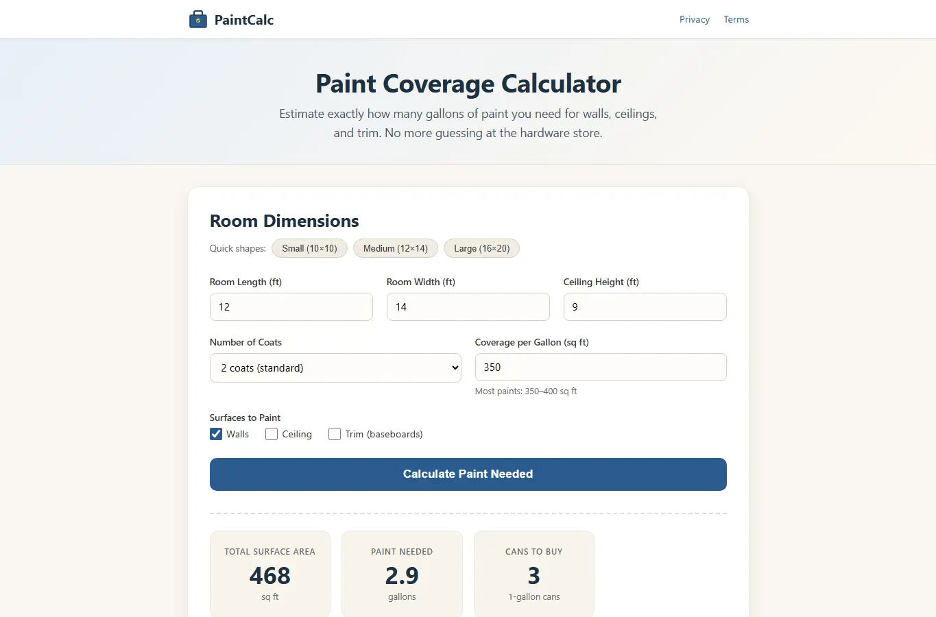 Screenshot of Paint Coverage Calculator – Estimate Gallons Per Room interface showing the project page in use